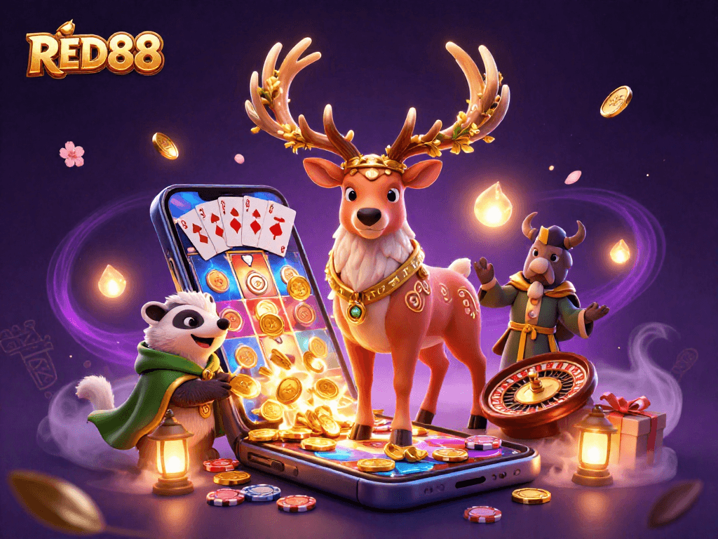 Experience the excitement of RED88 with dynamic slot games, golden coins, and enchanting characters.