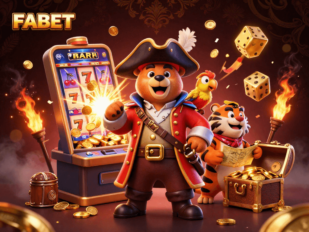 Experience gaming excitement at FABET with a lively illustration of a pirate bear and tiger, jackpot elements abound!