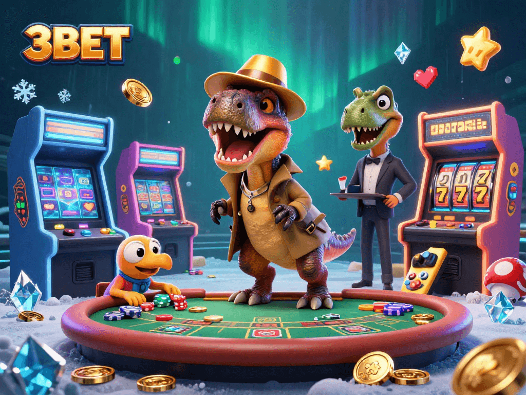 Experience thrilling gameplay with 3BET as a velociraptor card counter plots at a blackjack table surrounded by vibrant casino elements.
