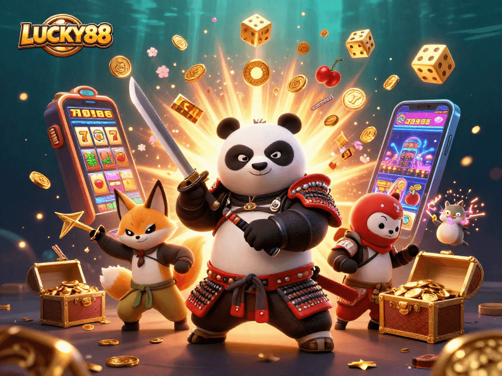 Spin jackpots at LUCKY88 with a vibrant 3D animated casino scene filled with action!