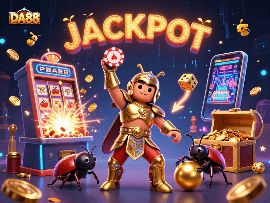 DA88 wins with a victorious beetle in a colorful casino scene filled with jackpots and fun.