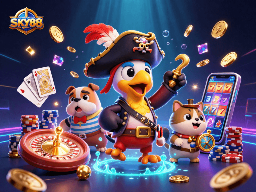 Join the excitement of SKY88 with a pirate captain, bulldog first-mate, and cat navigator surrounded by casino treasures.