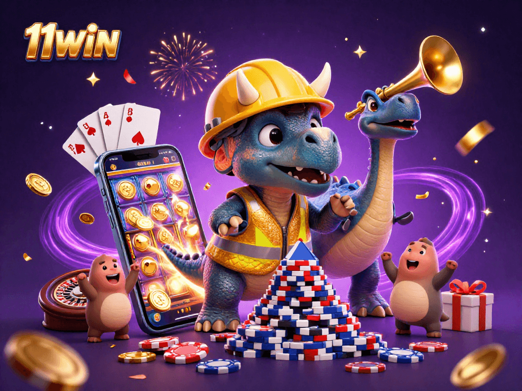 11WIN engages exciting gameplay with vibrant celebration around a colorful slot game.