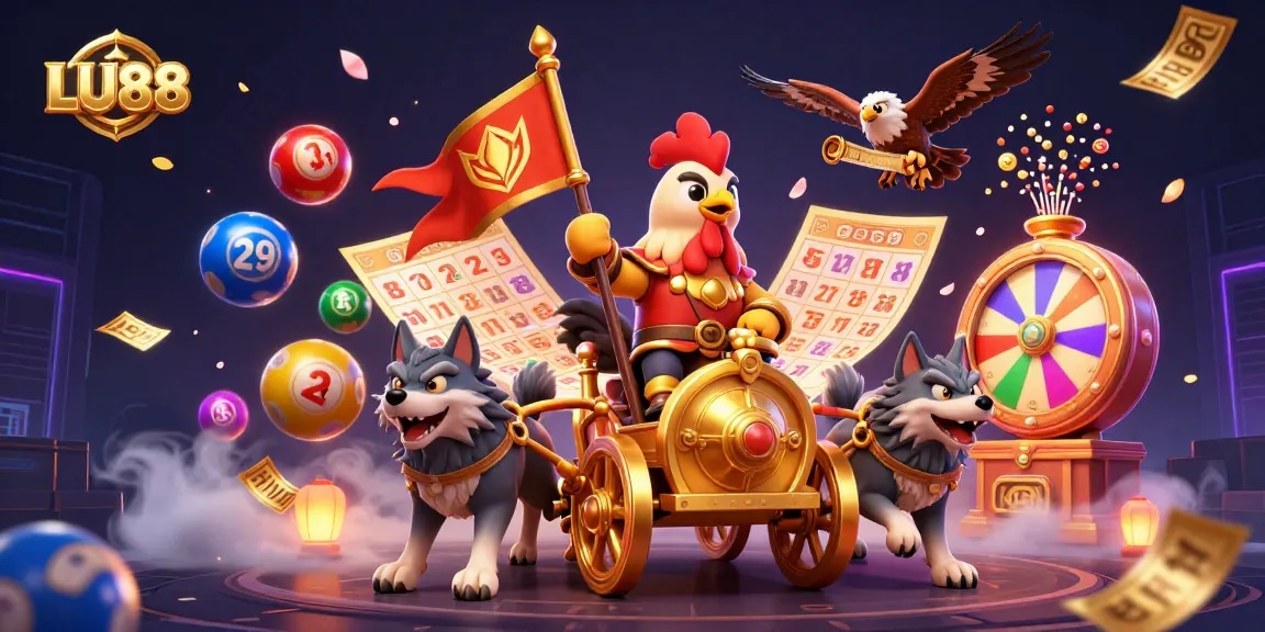 Experience the excitement of LU88 with a vibrant lottery scene featuring a rooster warlord.