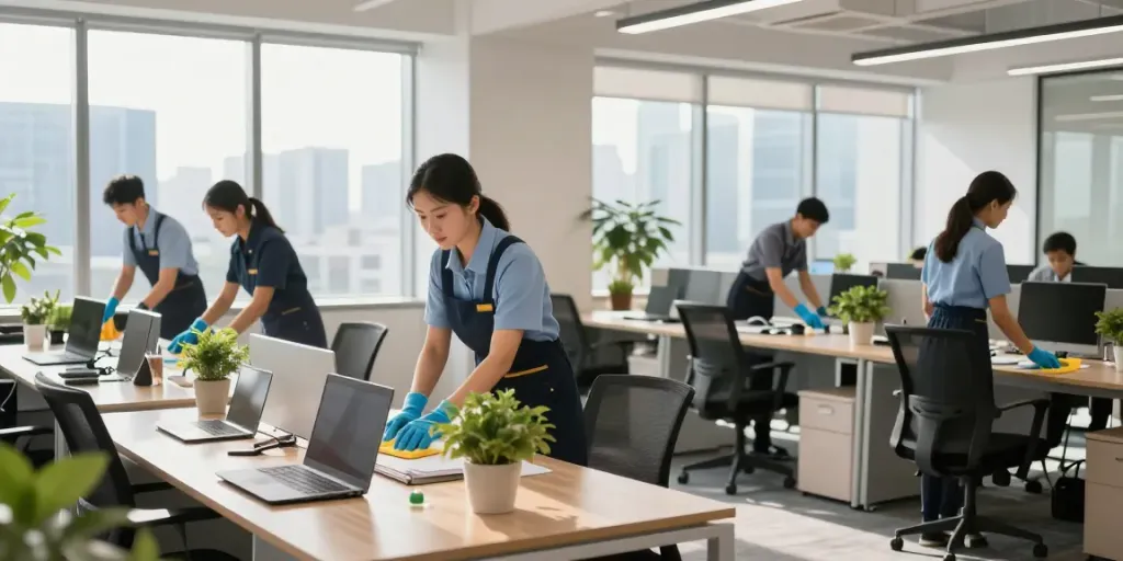 Professionelle Büroreinigung Düsseldorf mit einem engagierten Reinigungsteam in einem modernen Büro.