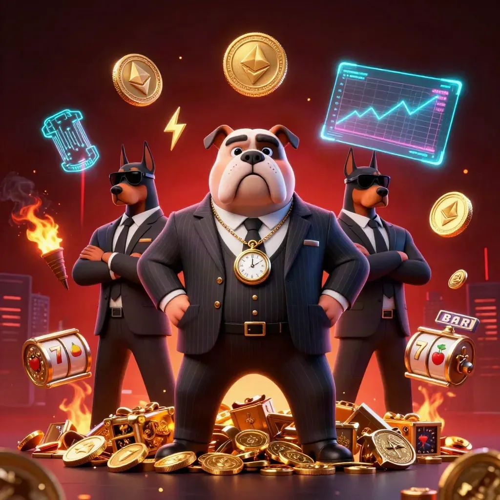 Bulldoggen-Mafioso mit Dobermännern, leuchtende Coins, Feuerfunken und Neon-Action.