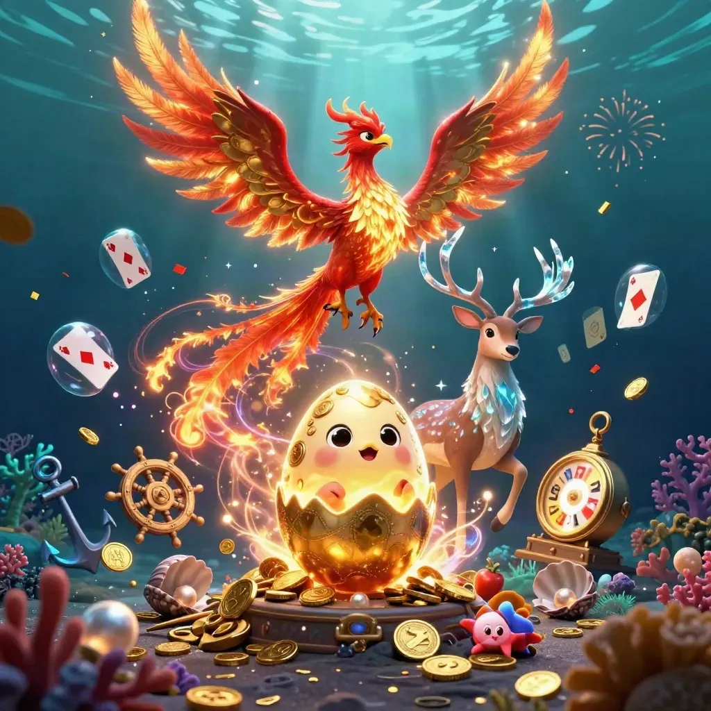 Feuerphönix, Jungtier und Hirsch über einer Schatzbucht mit Gold, Korallen und leuchtenden Effekten