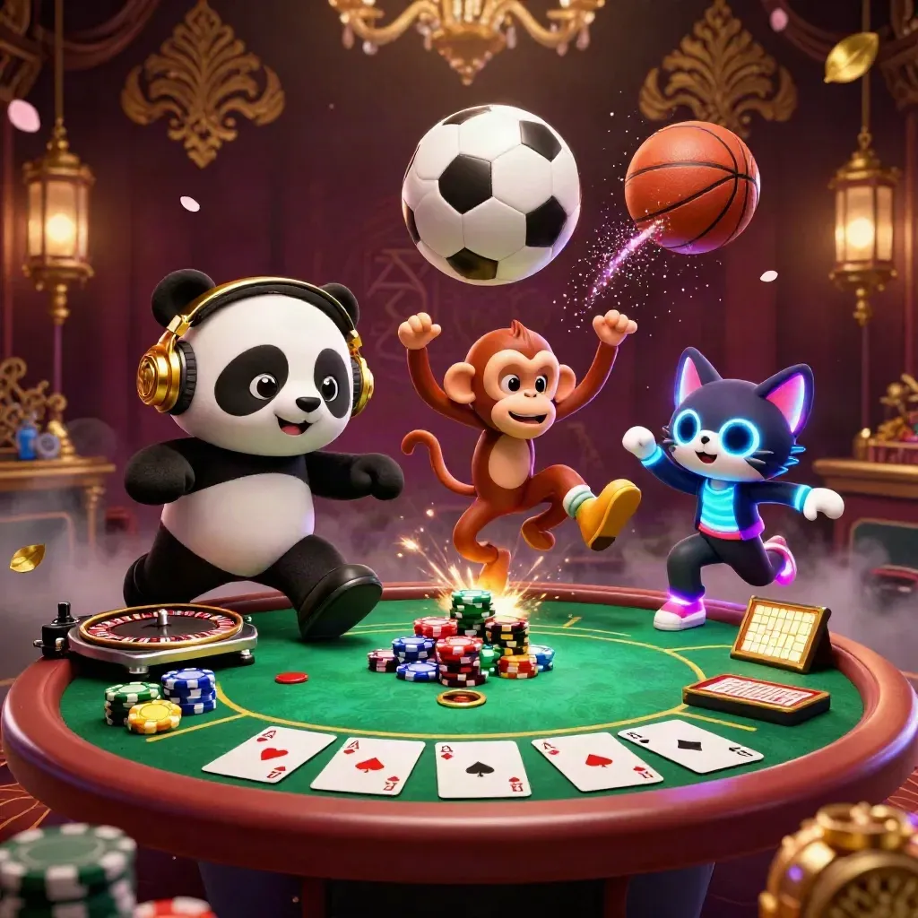 DJ-Panda, tanzender Affe und leuchtende Katze im Casino mit Soccerball und Pokerchips