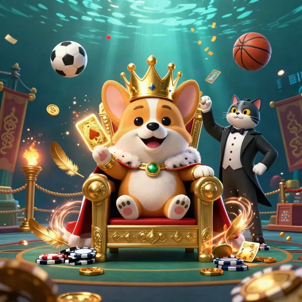 Royaler Corgi und Katzenbutler auf Pokerchip-Thron, umgeben von Bällen, Gold und Teal-Licht.