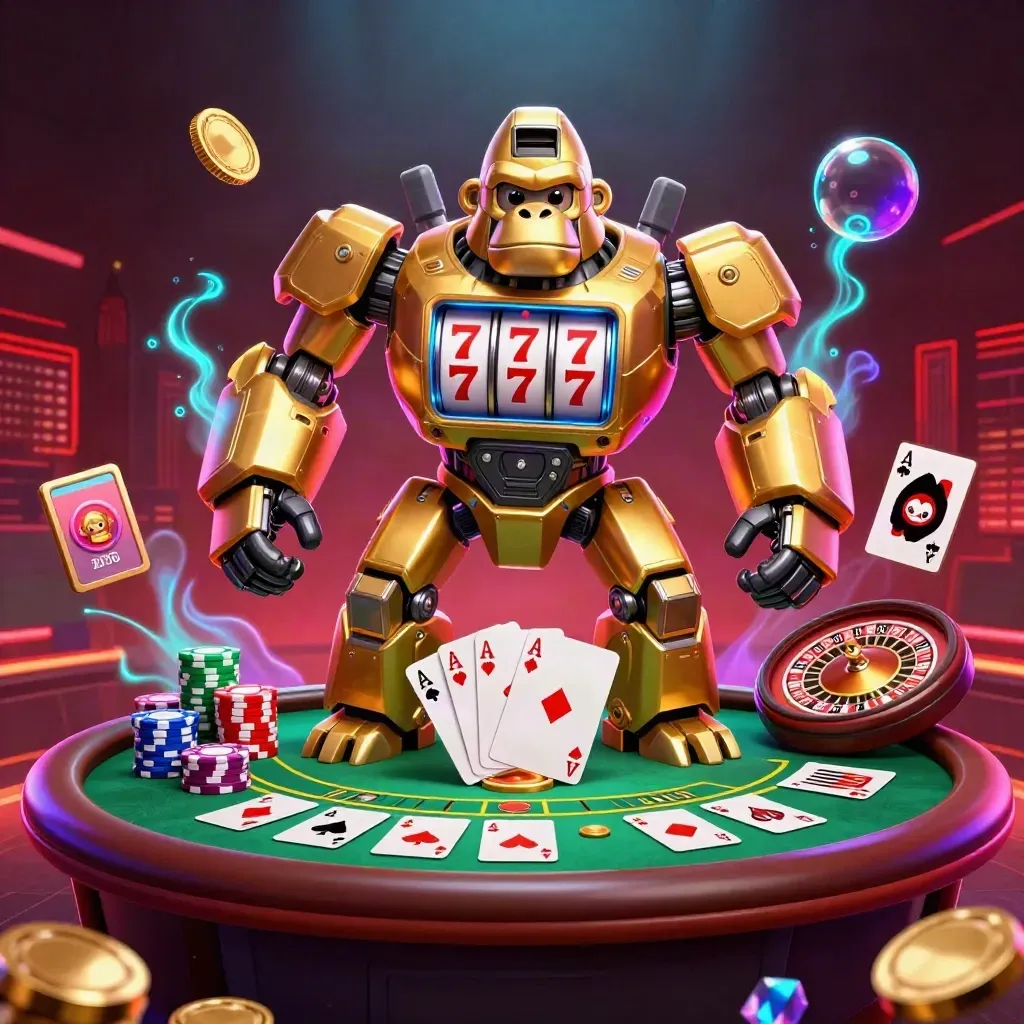 Goldener Gorilla-Mech mit Affenpilot, Spieltisch, Jetons und Casino-Glow