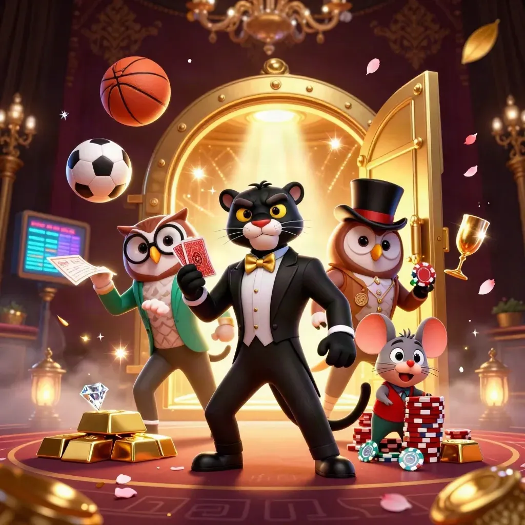 Panther, Eule und Maus vor Goldschatz, Bälle und Karten fliegen im Casino-Look.