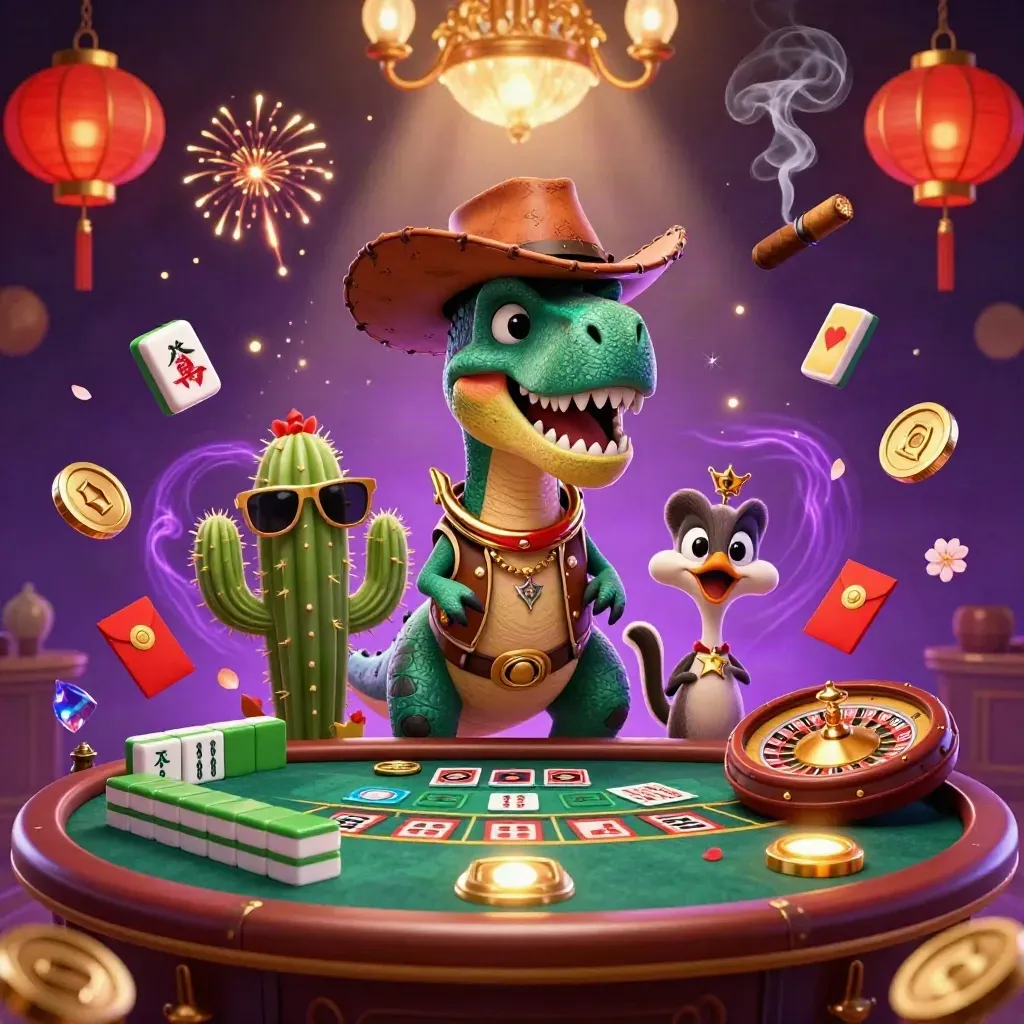 Cowboy-T-Rex, Kaktus und Sheriff-Vogel in goldener Casino-Fantasy mit Neonlicht.