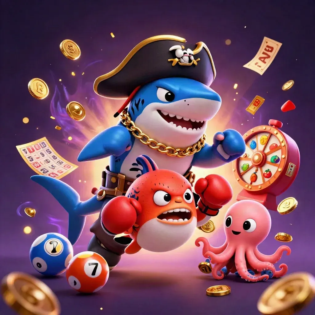 Piratenhai, roter Kugelfisch und Baby-Oktopus wirbeln Goldmünzen und Spielsymbole im Neonlicht.