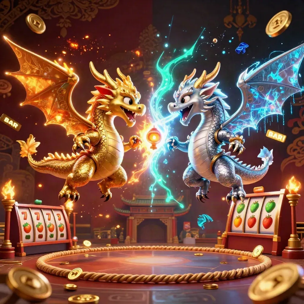 Goldener und silberner Drache wirbeln mit Feuer und Eis vor dunklem Luxus-Hintergrund.