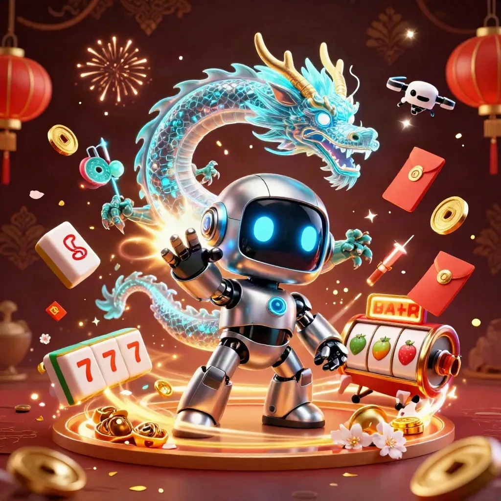 Cyber-Roboter, Hologramm-Drache und Drohne in Goldregen mit Mahjong-Tiles und Neon-Casinoeffekten.