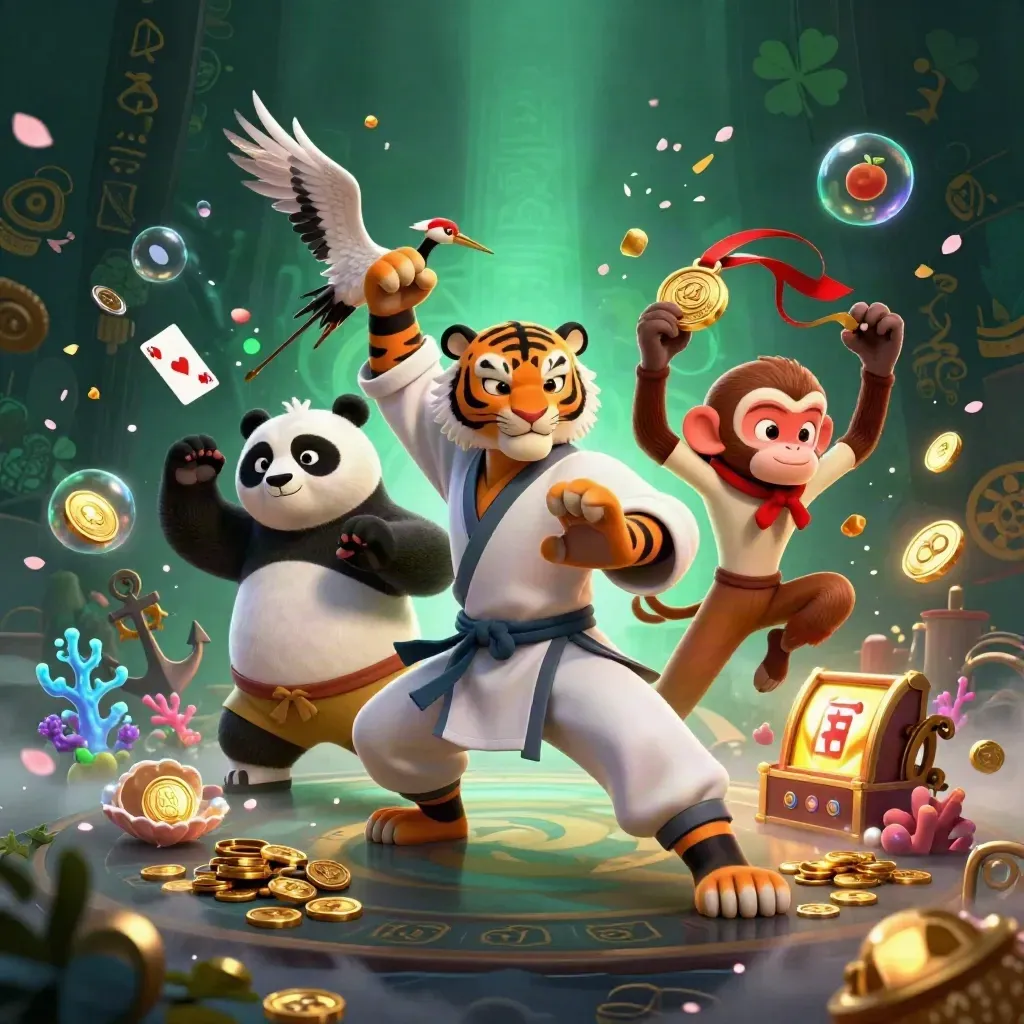 Kung-Fu-Tiger, Panda und Affe in einer glitzernden Unterwasser-Tresorhöhle mit Münzen und Magie.