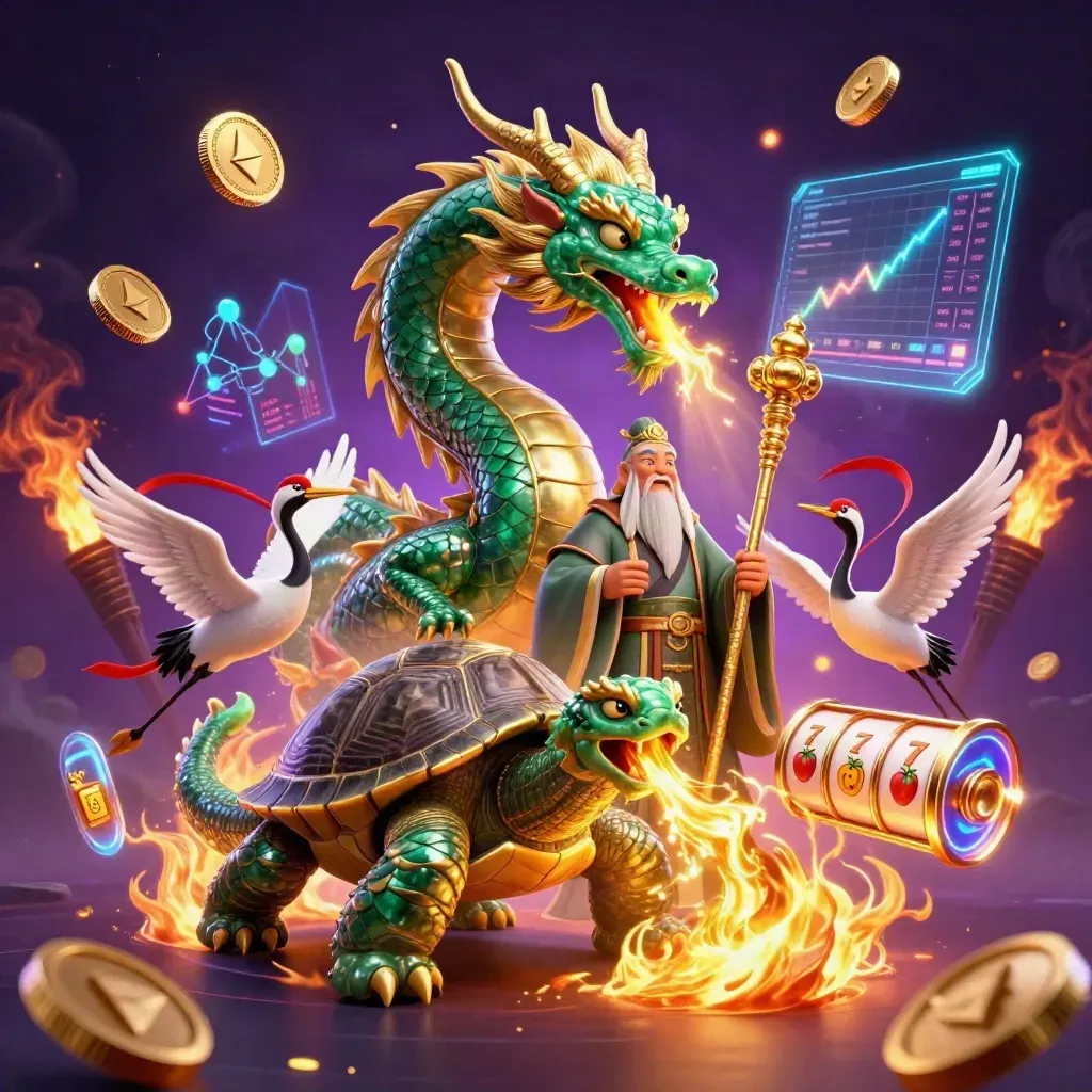Jadegrüner Drache, Schildkrötenweiser und Kraniche vor Neonraum mit Coins und Slot-Effekten.