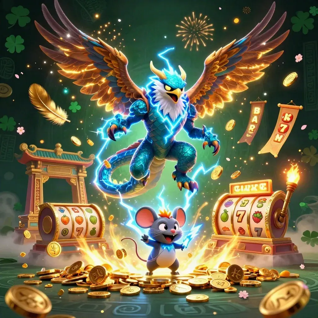 Drachen, Windfalke und Funkmaus vor goldenen Münzen, Tempeltor und Slot-Symbolen