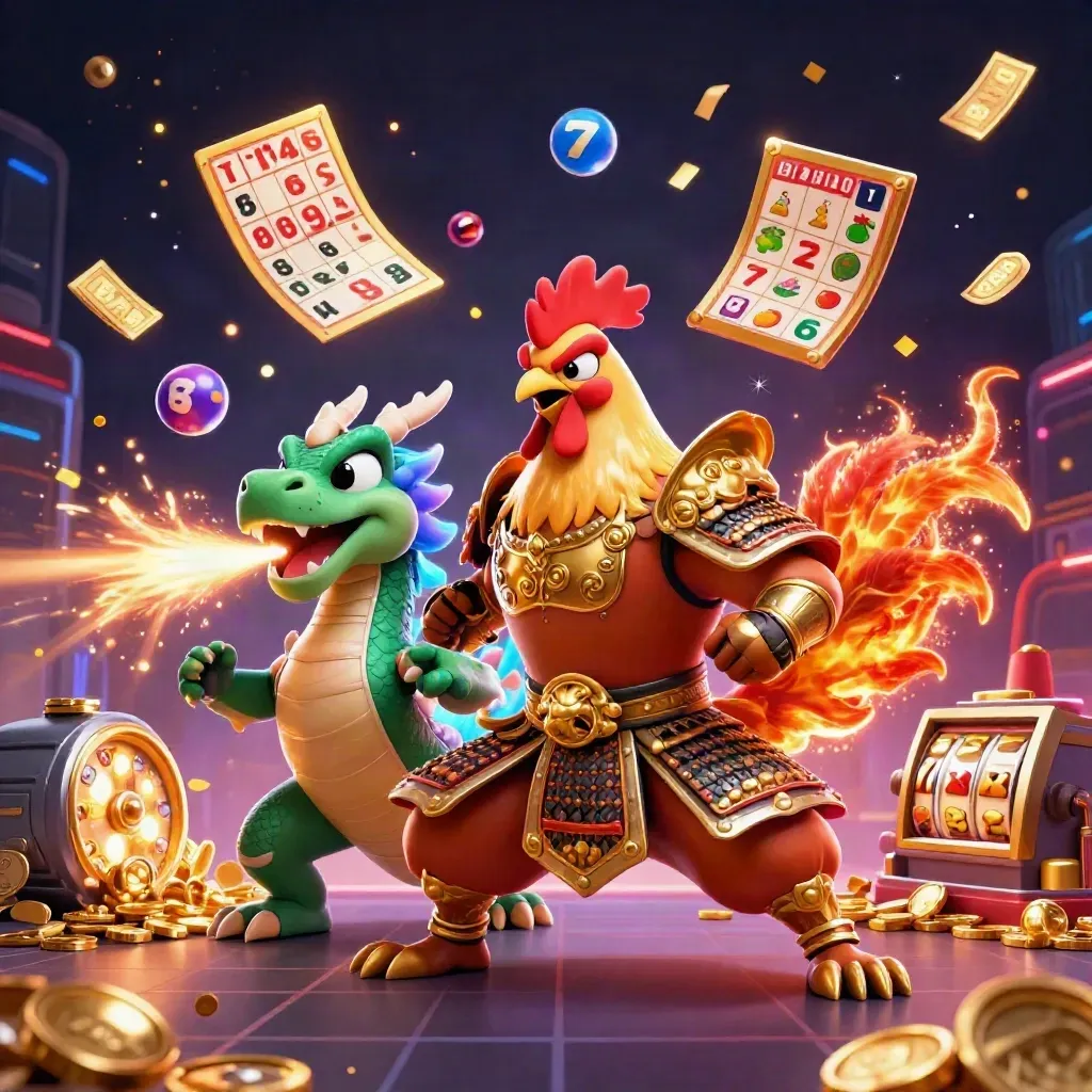 Gepanzerter Hahn, Drachenbaby und Glückskatze vor explodierendem Gold und Neonhintergrund