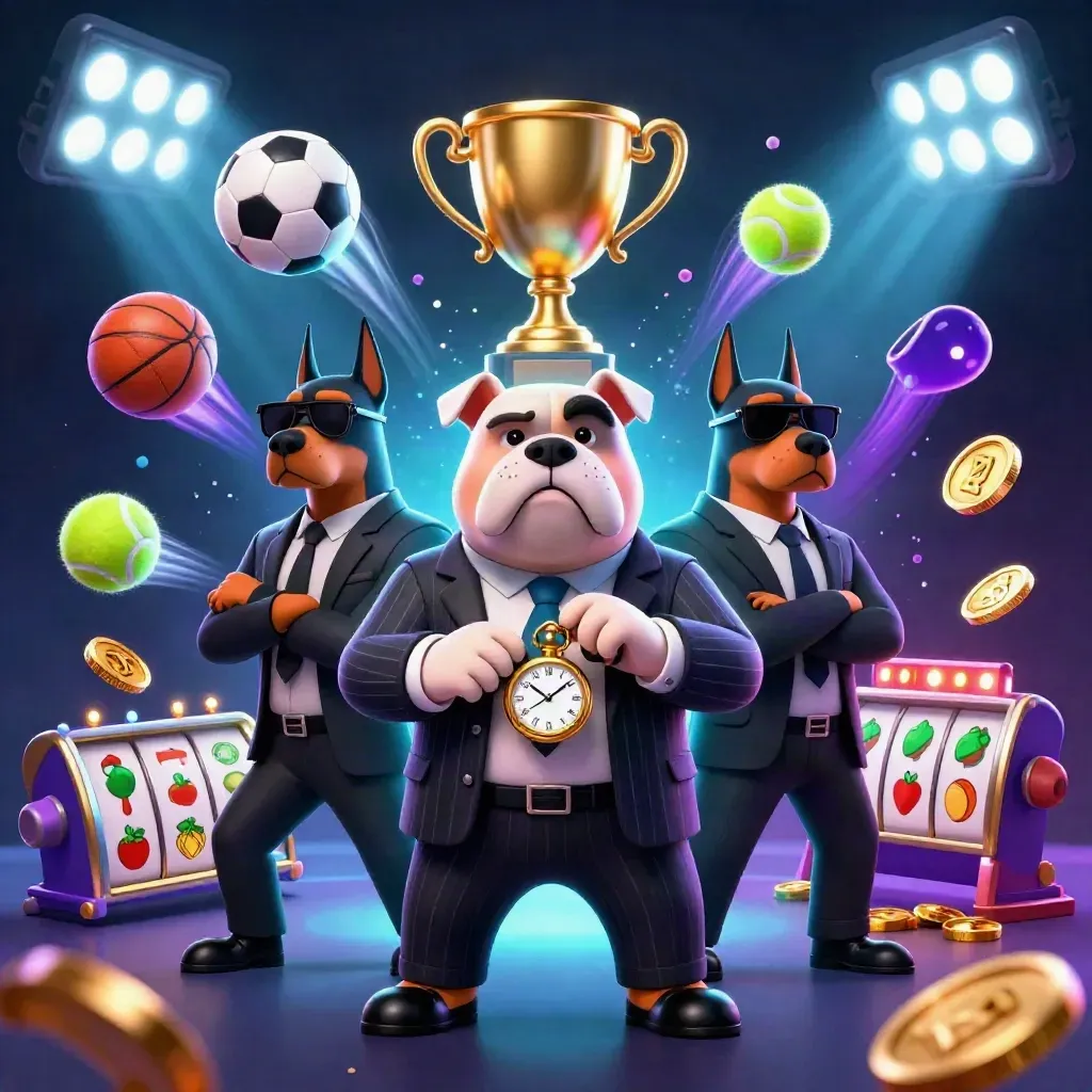 3D-Bulldogge mit zwei Dobermännern, goldene Münzen, Bälle und Slot-Symbole im Neonlicht.