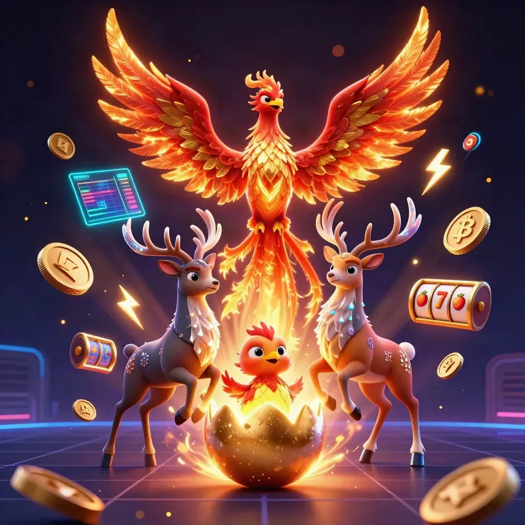 Phoenix, Hirsch und Jungtier im Goldglanz mit Krypto-Coins und Slot-Elementen
