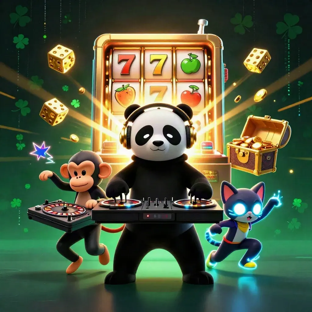 Drei Cartoon-Tiere am Slot-Mix, mit goldenen Chips, Würfeln und Neonblitzen auf dunklem Grün.