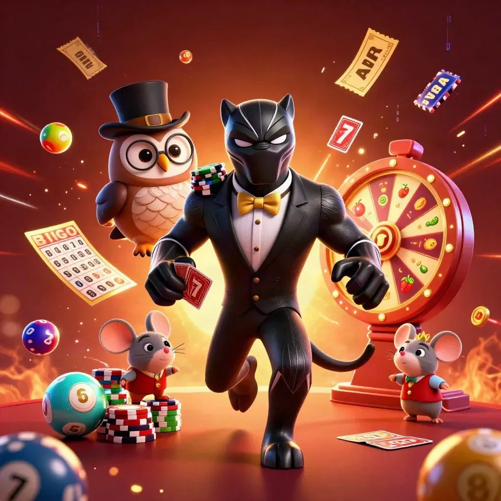 Panther, Eule und Maus in einem Casino-Actionbild mit Spielsymbolen und Neonlicht.