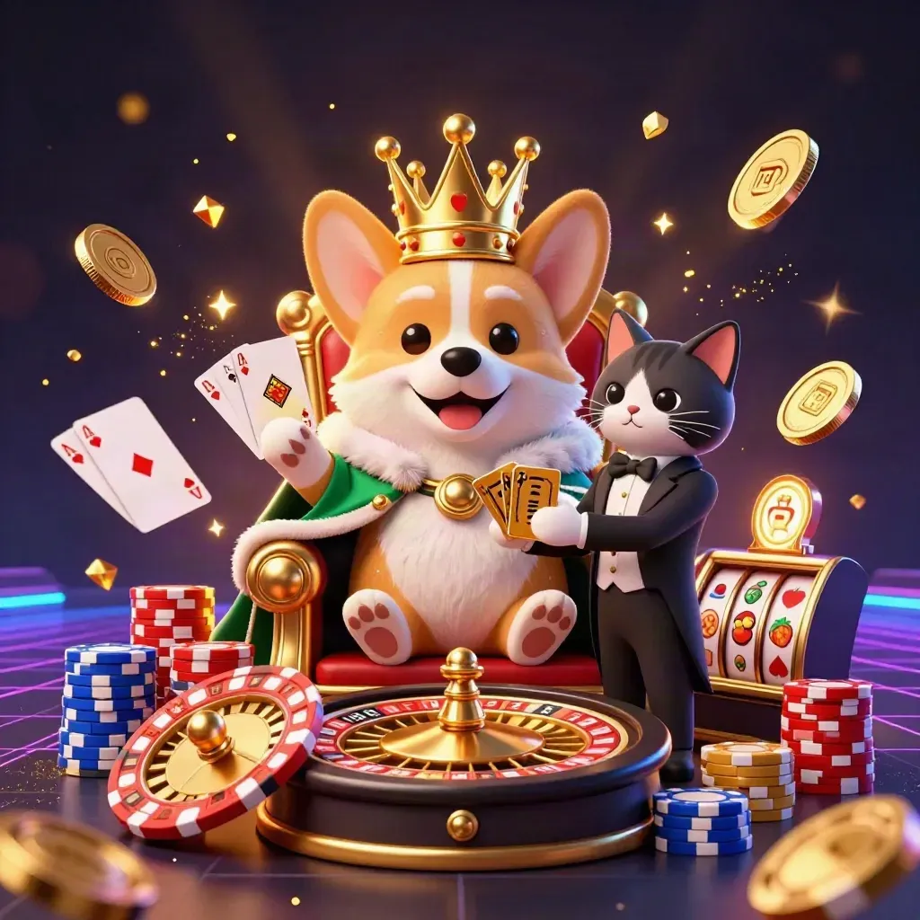 Königlicher Corgi und Katzenbutler auf Pokerchips, mit Roulette, Münzen und Goldlicht.