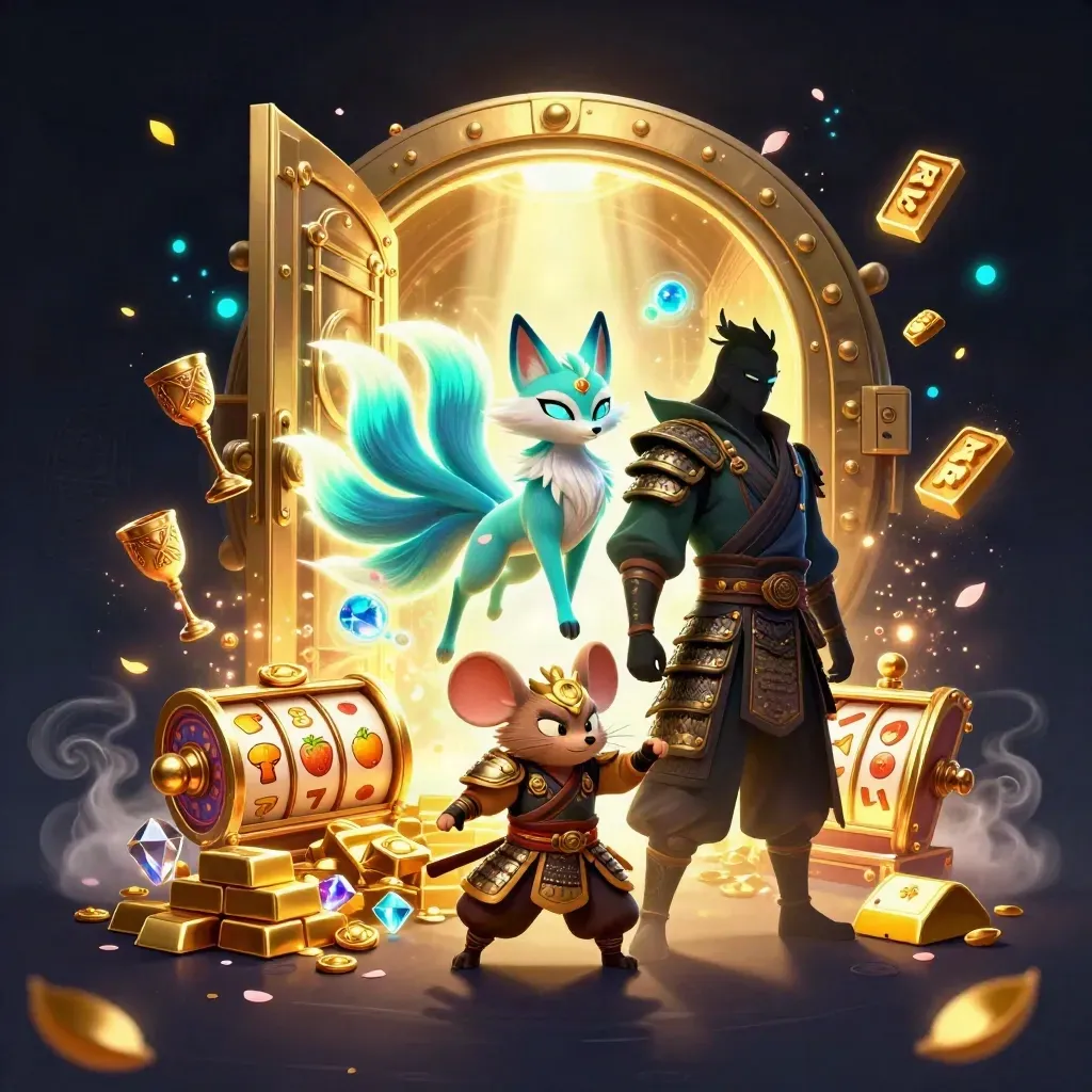 Neunschwänziger Fuchsgeist mit Samurai-Maus, Goldschatz, Funken und Neonlicht.