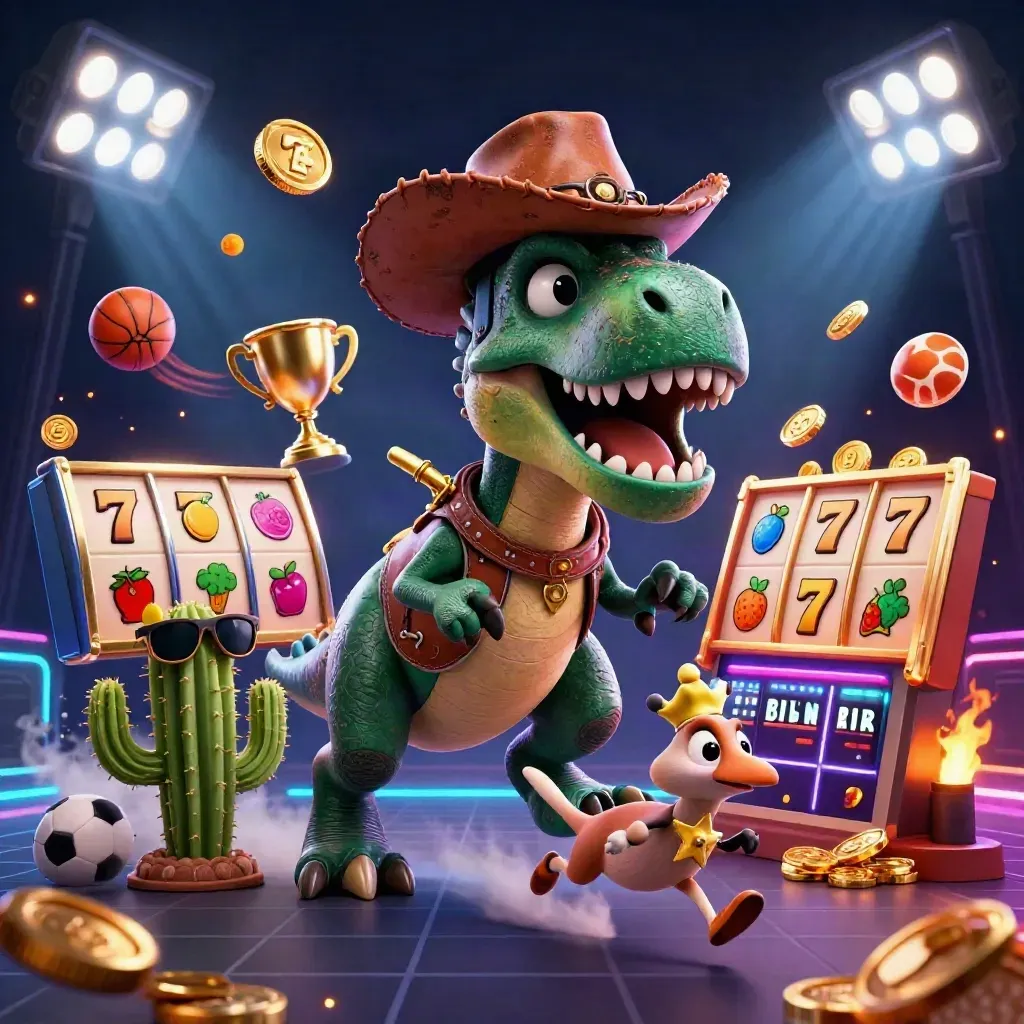 Cowboy-T-Rex, Kaktus und Rennvogel im Neon-Casino, umgeben von Münzen und Slot-Symbolen.