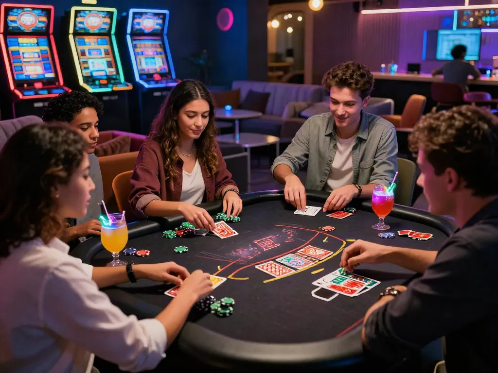 Neue Casino Plattformen 2026 im modernen Casino mit Freunden am Blackjack-Tisch.