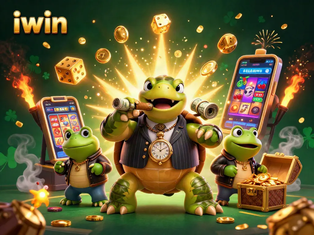 iwin casino scene with a snapping turtle mobster, bullfrog enforcers, and dynamic slot machine elements