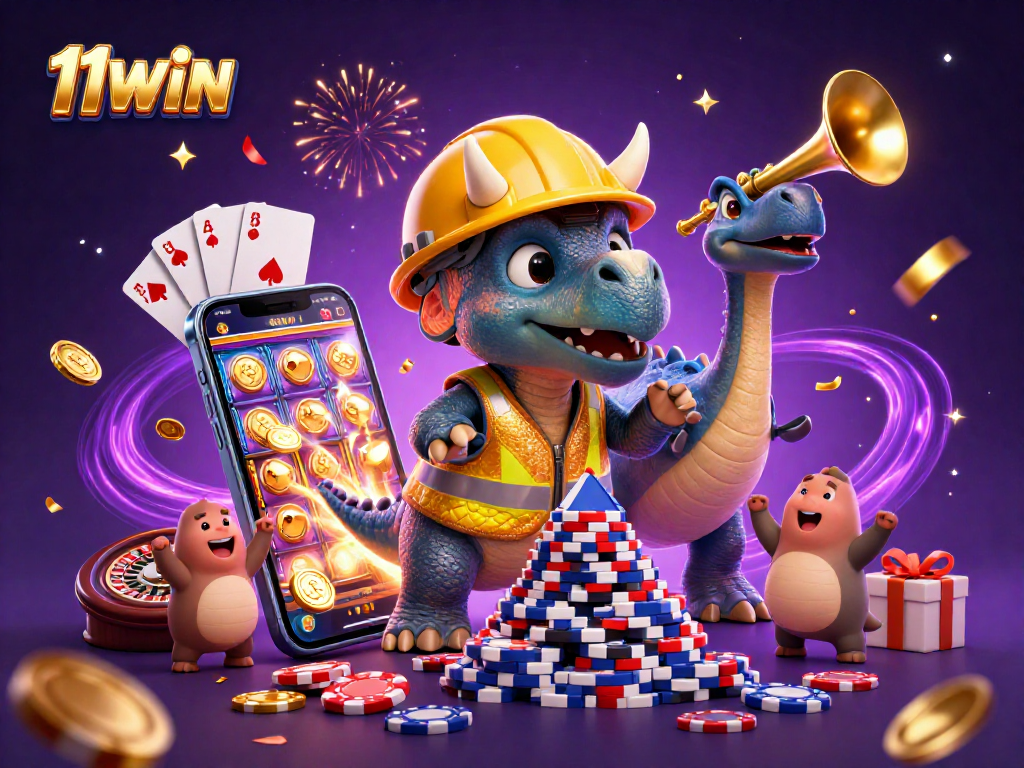 11WIN engages exciting gameplay with vibrant celebration around a colorful slot game.