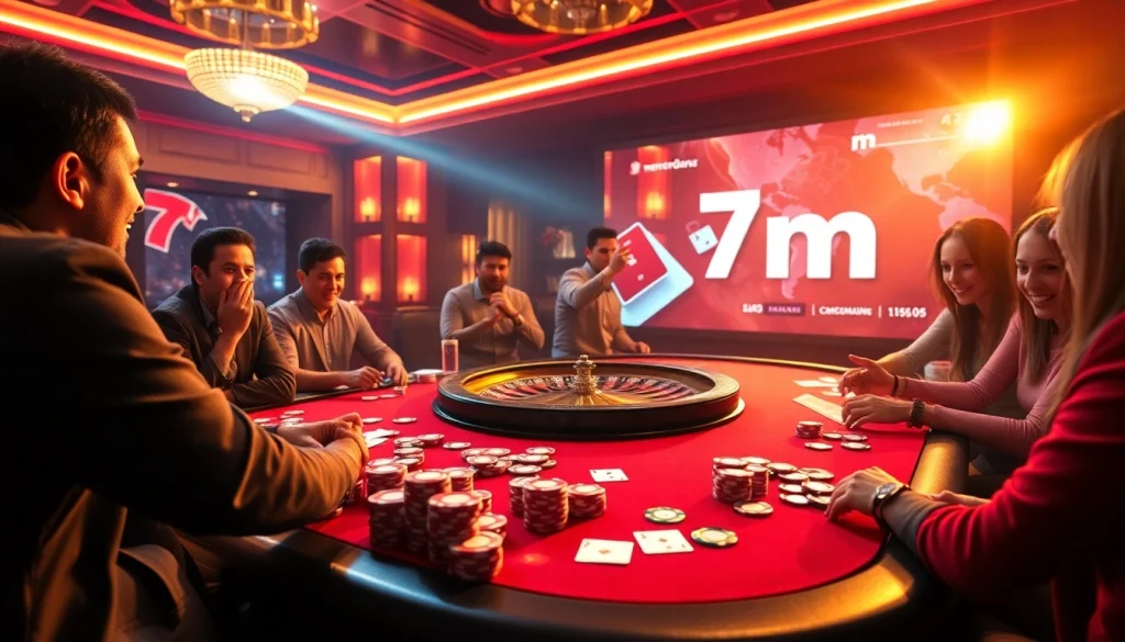 Experience the thrilling excitement of a poker game at a lavish casino featuring 7m stakes and vibrant chips.