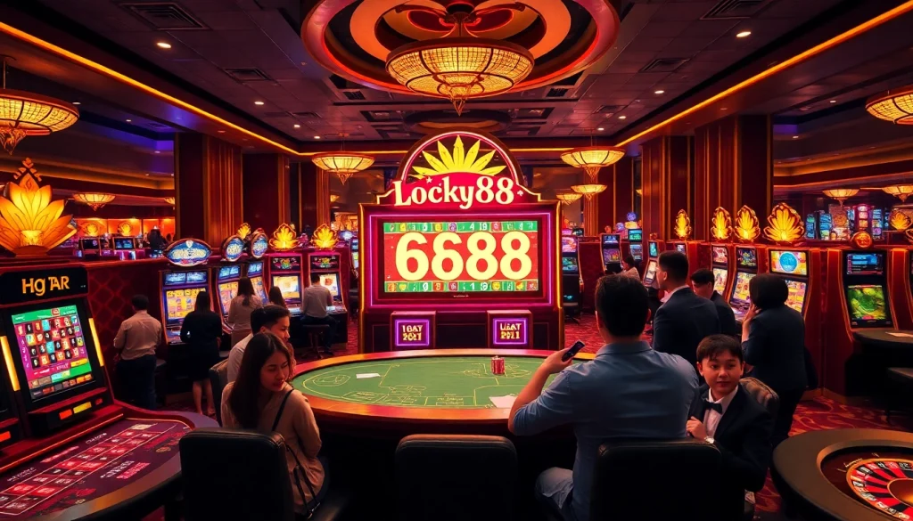 Exciting casino atmosphere highlighting players at the lucky88 slot machine.
