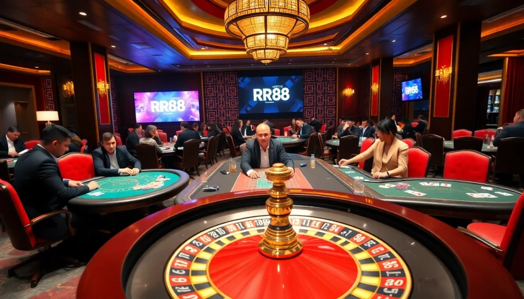 Players enjoying an exciting casino experience at RR88 with poker tables and roulette wheels.