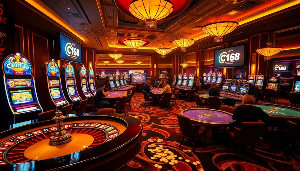 Exciting C168 casino scene with vibrant slot machines and competitive poker tables in a luxurious atmosphere.