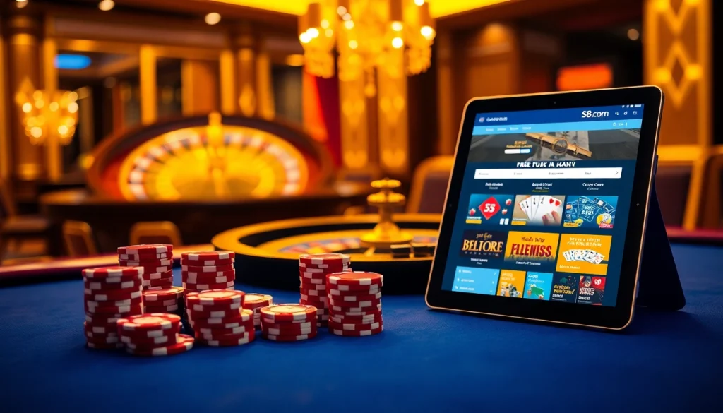 Engaging players in an elegant casino scene at S8.com with vibrant roulette and poker elements.